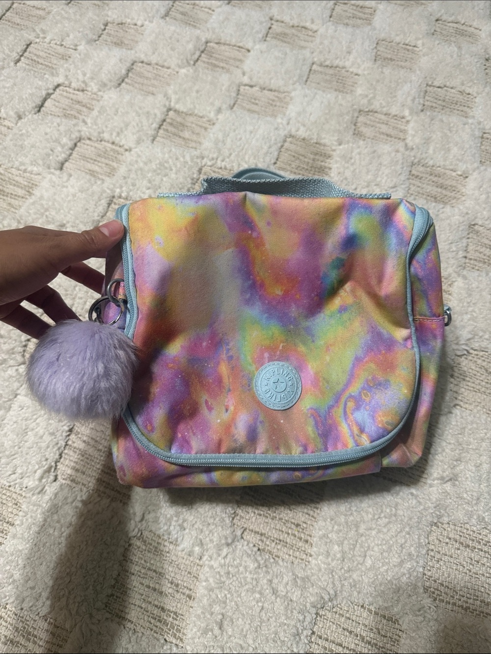 Kipling Pastel Rainbow Tie-Dye Kids lunch box with Lavender Pom Pom
